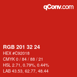 颜色代码: RGB 201 32 24 | qconv.com