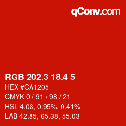 カラーコード: RGB 202.3 18.4 5 | qconv.com