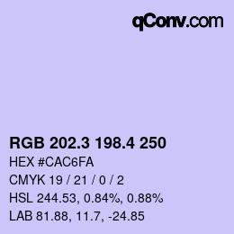カラーコード: RGB 202.3 198.4 250 | qconv.com