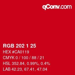 カラーコード: RGB 202 1 25 | qconv.com