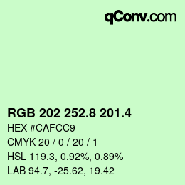 カラーコード: RGB 202 252.8 201.4 | qconv.com