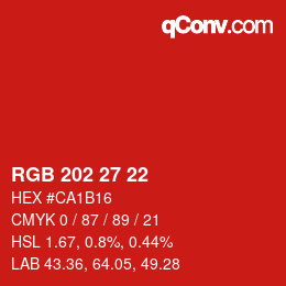 颜色代码: RGB 202 27 22 | qconv.com