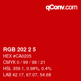 颜色代码: RGB 202 2 5 | qconv.com