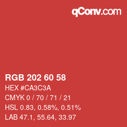 颜色代码: RGB 202 60 58 | qconv.com