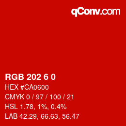颜色代码: RGB 202 6 0 | qconv.com