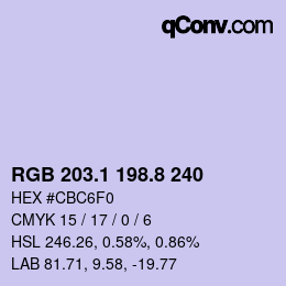 Color code: RGB 203.1 198.8 240 | qconv.com