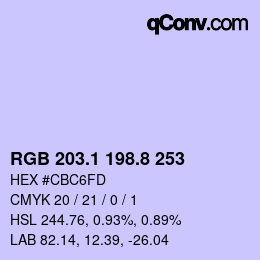 Color code: RGB 203.1 198.8 253 | qconv.com