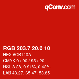 カラーコード: RGB 203.7 20.6 10 | qconv.com