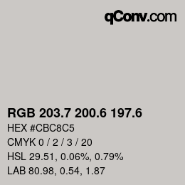 カラーコード: RGB 203.7 200.6 197.6 | qconv.com