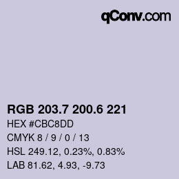 カラーコード: RGB 203.7 200.6 221 | qconv.com