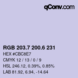カラーコード: RGB 203.7 200.6 231 | qconv.com
