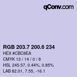 カラーコード: RGB 203.7 200.6 234 | qconv.com