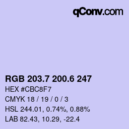 カラーコード: RGB 203.7 200.6 247 | qconv.com