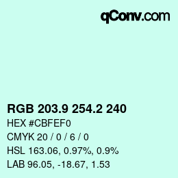 Color code: RGB 203.9 254.2 240 | qconv.com