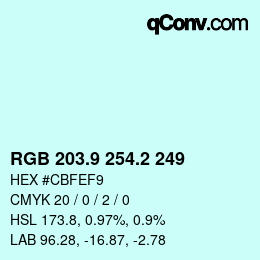 Color code: RGB 203.9 254.2 249 | qconv.com