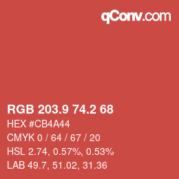 カラーコード: RGB 203.9 74.2 68 | qconv.com