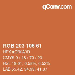 Color code: RGB 203 106 61 | qconv.com