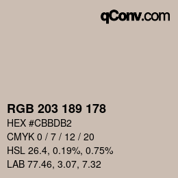 Color code: RGB 203 189 178 | qconv.com