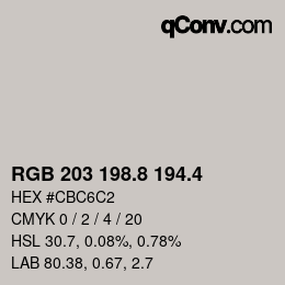 カラーコード: RGB 203 198.8 194.4 | qconv.com