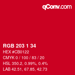 カラーコード: RGB 203 1 34 | qconv.com
