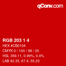 Color code: RGB 203 1 4 | qconv.com