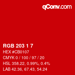 Color code: RGB 203 1 7 | qconv.com