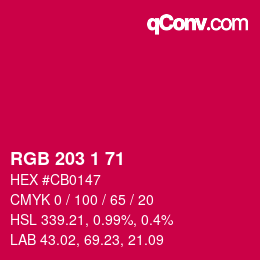 カラーコード: RGB 203 1 71 | qconv.com