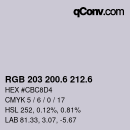 カラーコード: RGB 203 200.6 212.6 | qconv.com