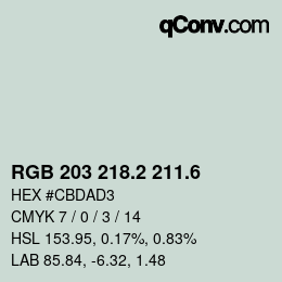 カラーコード: RGB 203 218.2 211.6 | qconv.com