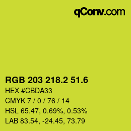 カラーコード: RGB 203 218.2 51.6 | qconv.com
