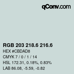 カラーコード: RGB 203 218.6 216.6 | qconv.com