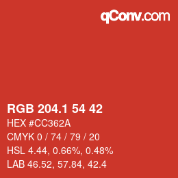カラーコード: RGB 204.1 54 42 | qconv.com