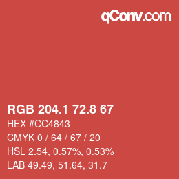 カラーコード: RGB 204.1 72.8 67 | qconv.com