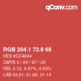 カラーコード: RGB 204.1 72.8 68 | qconv.com