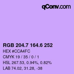カラーコード: RGB 204.7 164.6 252 | qconv.com