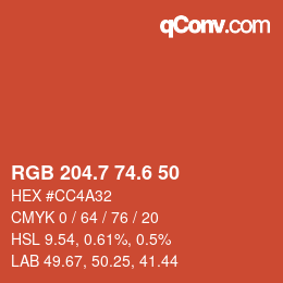 カラーコード: RGB 204.7 74.6 50 | qconv.com