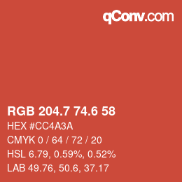カラーコード: RGB 204.7 74.6 58 | qconv.com