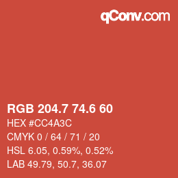 カラーコード: RGB 204.7 74.6 60 | qconv.com
