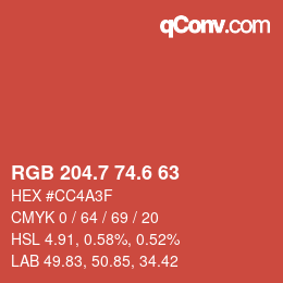 カラーコード: RGB 204.7 74.6 63 | qconv.com