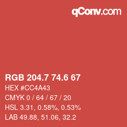 カラーコード: RGB 204.7 74.6 67 | qconv.com