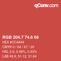 カラーコード: RGB 204.7 74.6 68 | qconv.com