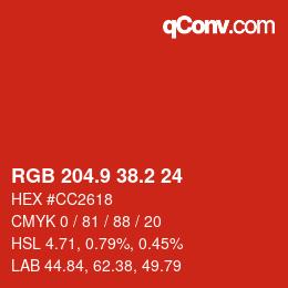 カラーコード: RGB 204.9 38.2 24 | qconv.com