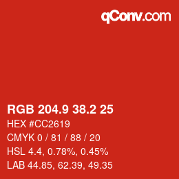 カラーコード: RGB 204.9 38.2 25 | qconv.com