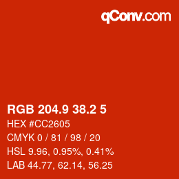 カラーコード: RGB 204.9 38.2 5 | qconv.com