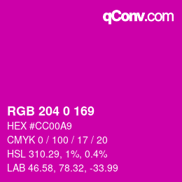 颜色代码: RGB 204 0 169 | qconv.com