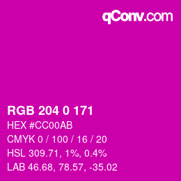 颜色代码: RGB 204 0 171 | qconv.com