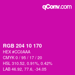 颜色代码: RGB 204 10 170 | qconv.com