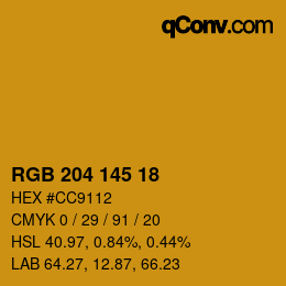 颜色代码: RGB 204 145 18 | qconv.com