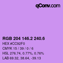 カラーコード: RGB 204 146.2 240.6 | qconv.com