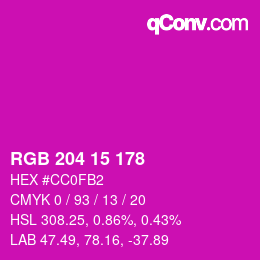 Color code: RGB 204 15 178 | qconv.com
